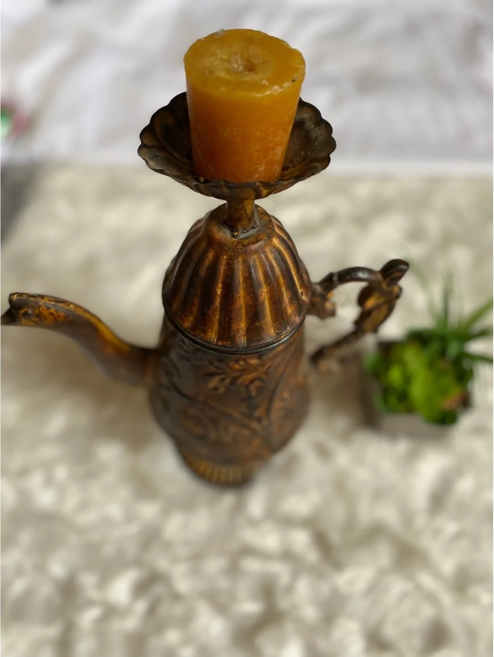 Vintage Ornate Metal Teapot Candle Holder Decorative Handle